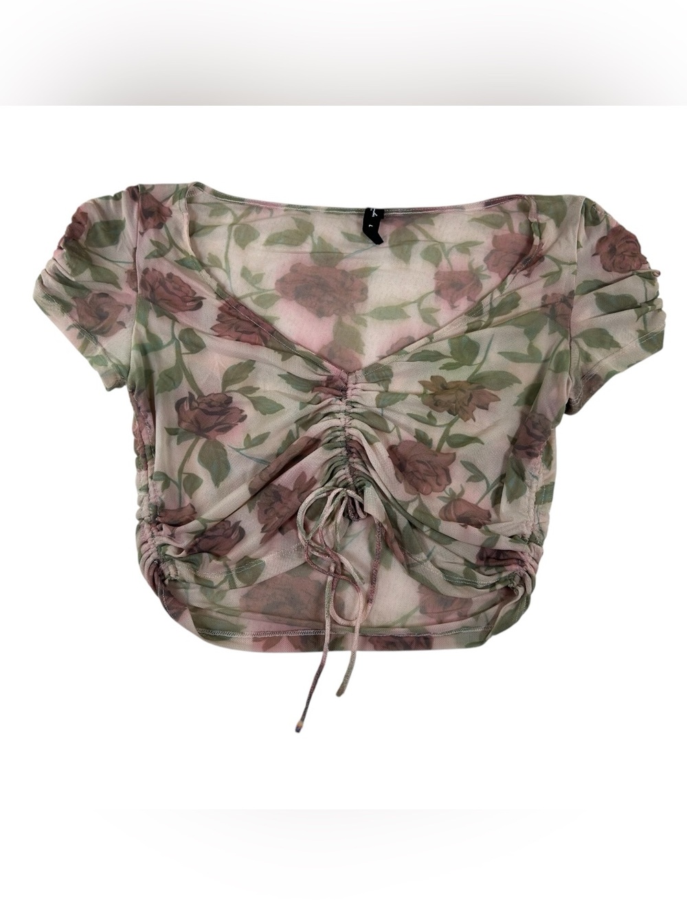 Sweet Poison sheer mesh floral ruched crop top L Fairycore Coquette Romantic